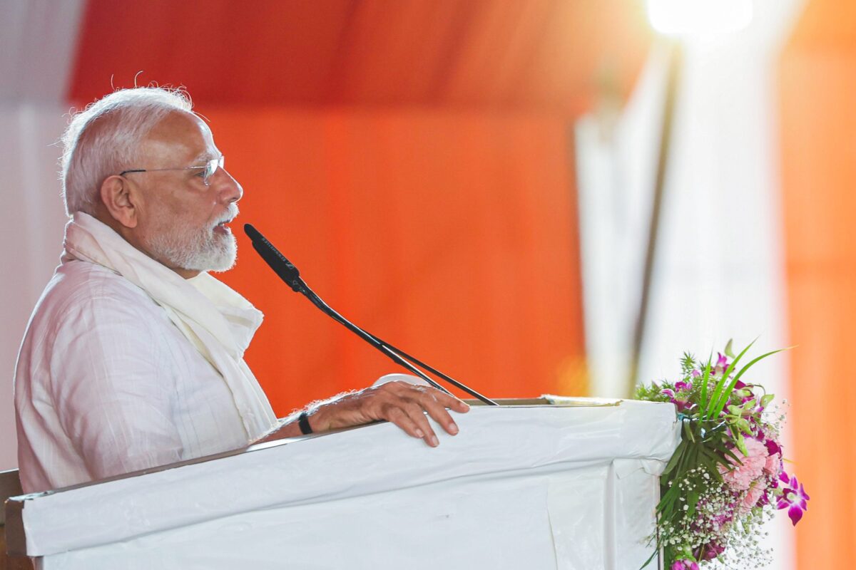 PM Modi addressing Swadeshi push 2025 rally in Varanasi